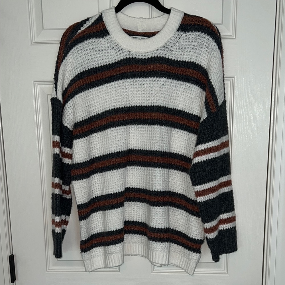 American Eagle Striped Knit Sweater - White, Gray, Brown